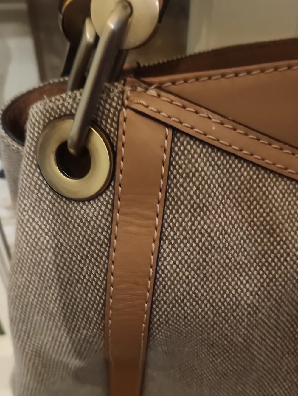 Michael Kors Beige Canvas Shoulder Bag with Tan Leather Trim